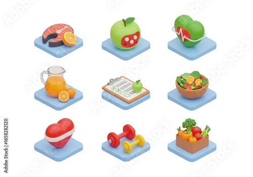 3d collection of isometric food icons isolated on transparent background for digital graphics and design projects