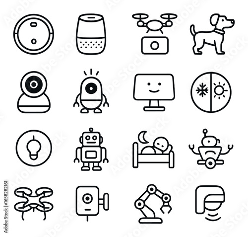 Linear smart home icon set: thermostat, speaker, drone, dog, camera, robot, bed, weather, automation