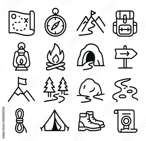 Linear outdoors icon set featuring map, compass, mountain, backpack, lantern, fire, cave, and signpost symbols