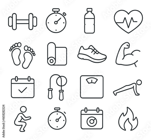 Linear fitness icon set featuring dumbbell, stopwatch, water bottle, heartbeat, footprints, mat, shoe, muscle