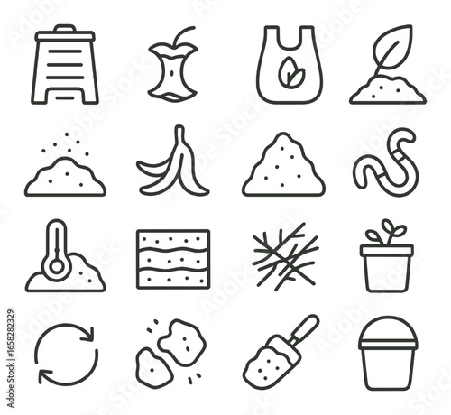 Linear composting icons set with bin, apple core, bag, soil, worm, temperature, and cycle symbols