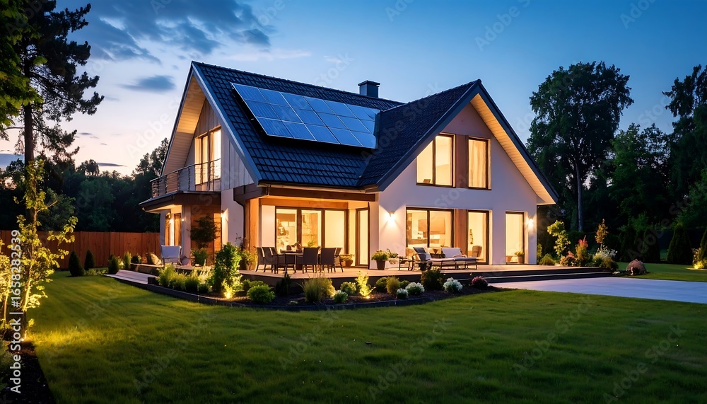 Obraz premium Modern Home with Solar Panels and Outdoor Lighting at Dusk