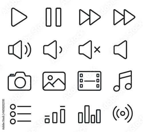 Silhouette multimedia icon set: play, pause, forward, volume, camera, gallery, music, stats