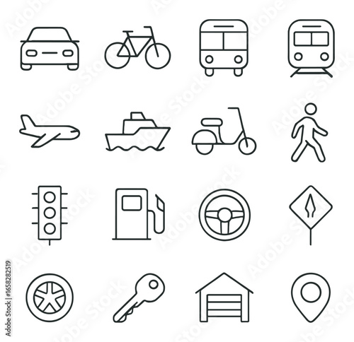 Linear transport icon set featuring car, bicycle, bus, train, plane, ship, scooter, walking, traffic light, gas pump