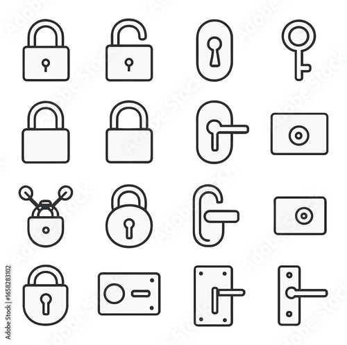 Linear security icon set featuring padlock, key, doorknob, doorhandle, lockset, and keyhole symbols