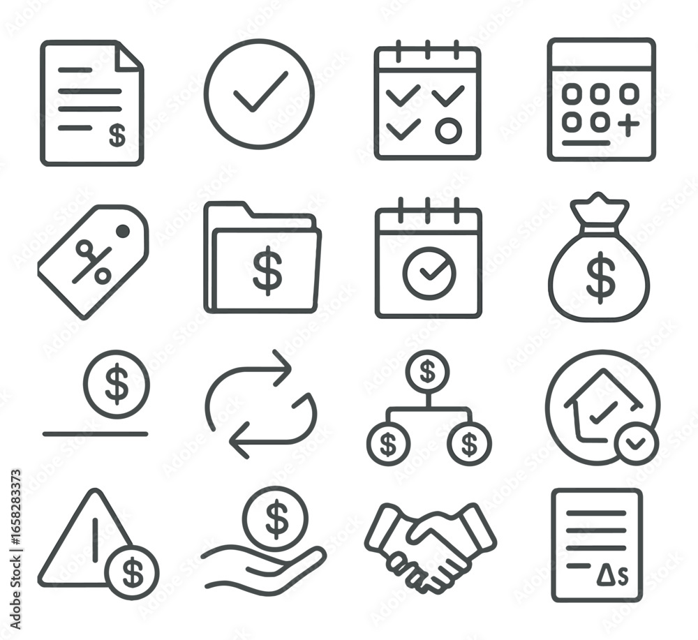 Linear finance icon set with document, check, calendar, calculator, discount, folder, and coin symbols Linear finance icon set with document, check, calendar, calculator, discount, folder, and coin symbols