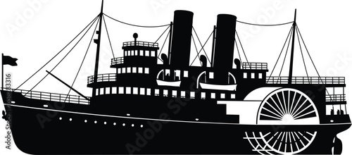 Vintage Paddle Steamer Ship Silhouette with Rotating Side Wheel Vector Illustration