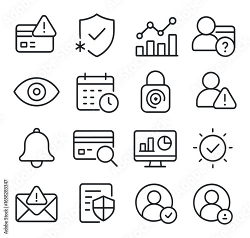 Linear security icon set featuring credit card, shield, chart, eye, calendar, lock, alert, email symbols