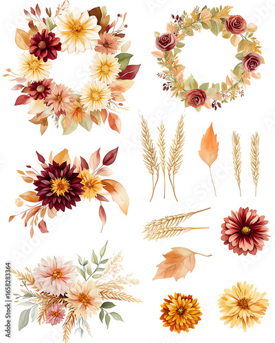 Watercolor autumn flower clip art collection, assorted fall bouquets and wreaths with dahlias, chrysanthemums, marigolds, dried wheat and oak leaves, soft watercolor texture, hand painted look.
