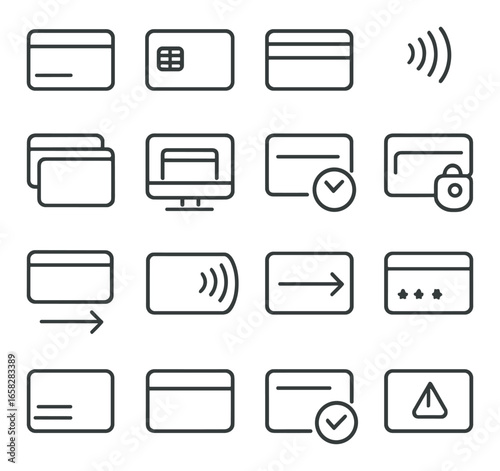 Linear finance icon set featuring credit card, payment, security, wireless, and checkmark symbols