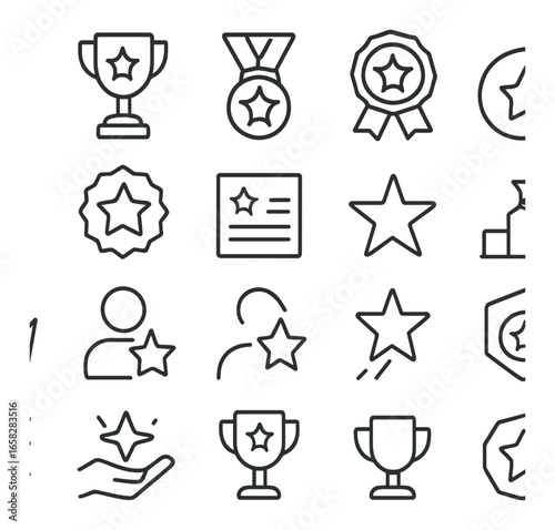 Linear awards icons set featuring trophies, medals, certificates, badges, stars, and prizes