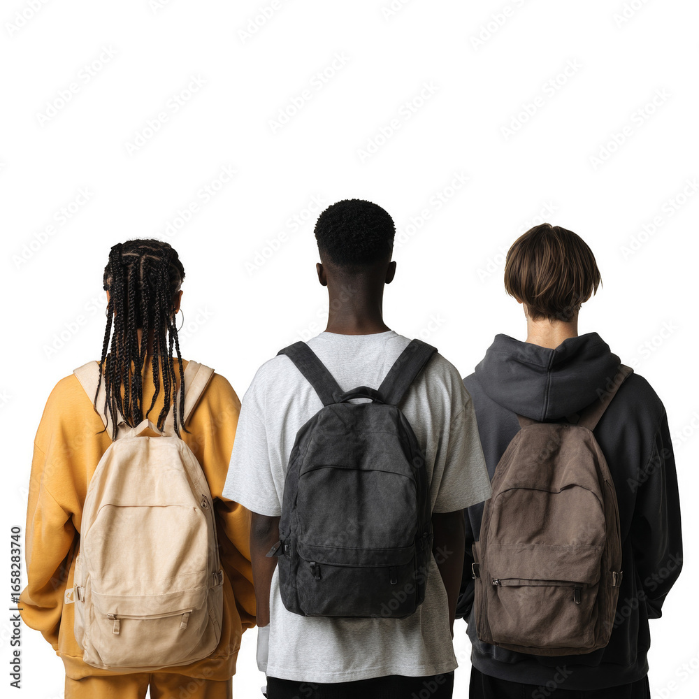 Naklejka premium Three young people are standing next to each other, each wearing a backpack