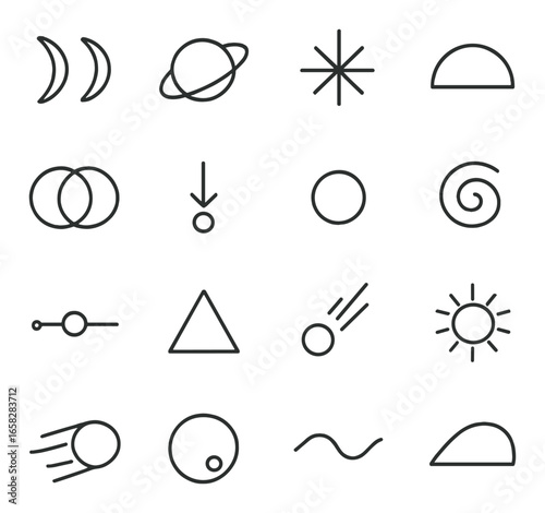 Linear celestial icon set featuring moon, planet, star, sunset, comet, triangle, and sun symbols