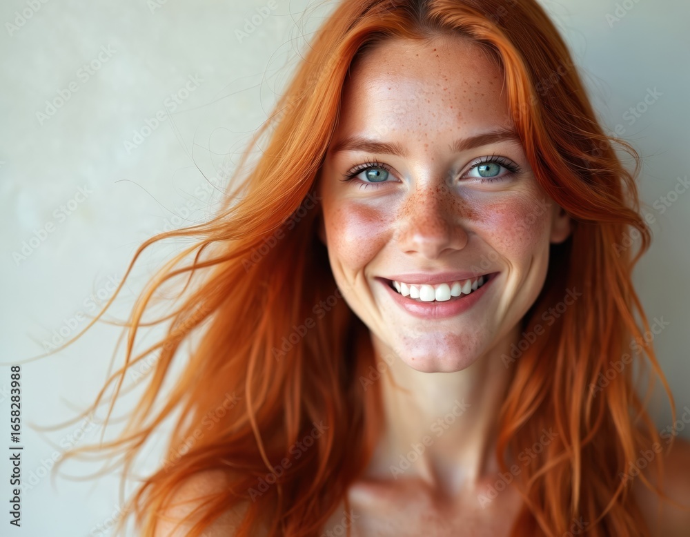 Fototapeta premium Joyful woman with vibrant red hair and freckles smiles warmly. Natural lighting enhances her features. A gentle breeze tousles her long, flowing hair, creating a sense of natural movement and beauty.