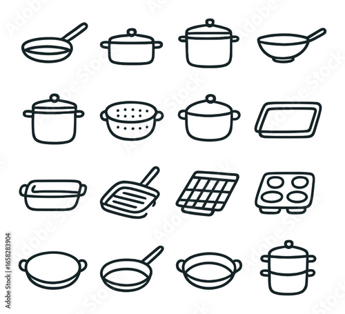 Linear kitchenware icon set featuring pan, pot, bowl, colander, tray, grill, and cooker symbols