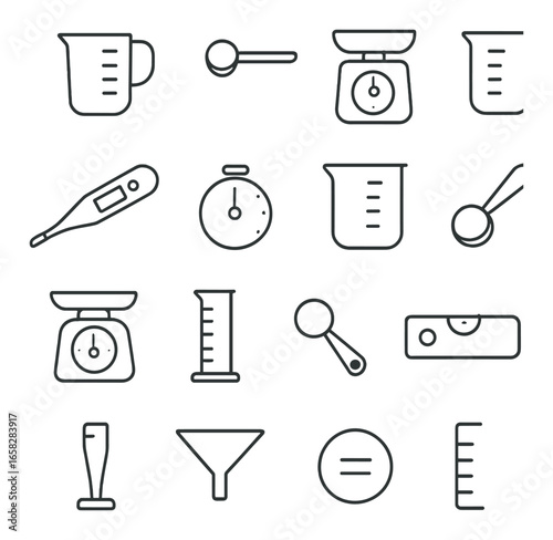 Linear kitchen icon set featuring scale, beaker, thermometer, level, stopwatch, funnel, and ruler symbols