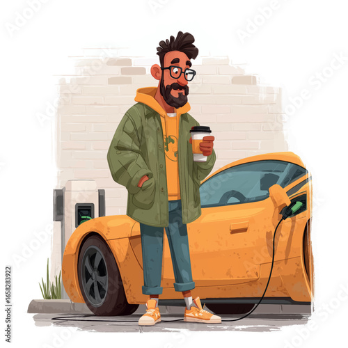 Man drinking coffee while charging electric sports car. Driver enjoying a coffee break while his electric sports car is charging at a public charging station