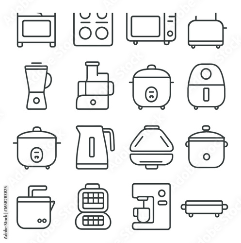 Linear kitchen appliances icon set featuring oven, blender, microwave, air fryer, toaster, and coffee maker