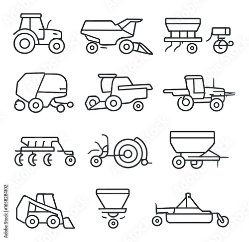 Linear farming equipment icons set: tractor, harvester, plow, seeder, cultivator, sprayer, baler, planter