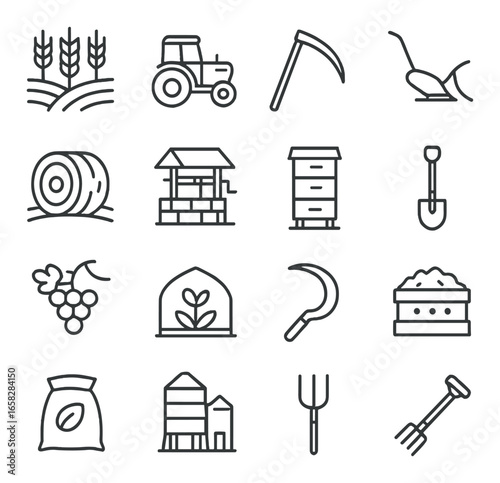 Linear farming icon set featuring tractor, plow, wheat, grape, silo, and greenhouse symbols
