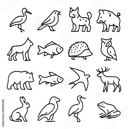 Linear animal icons set featuring bird, dog, fish, hedgehog, owl, bear, rabbit, frog, elk, and boar designs