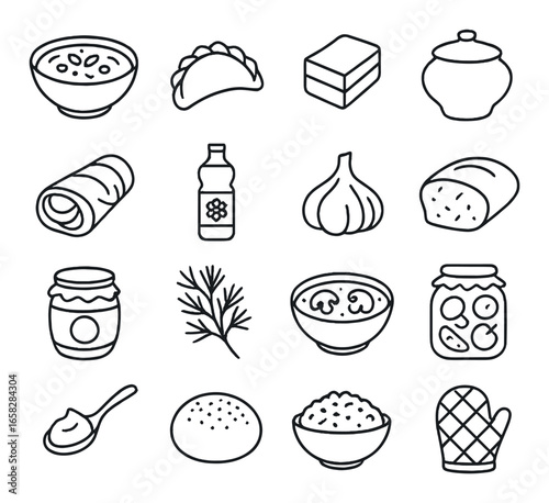 Linear food icon set featuring soup, taco, cake, pot, sushi, soy sauce, garlic, bread, and jam symbols