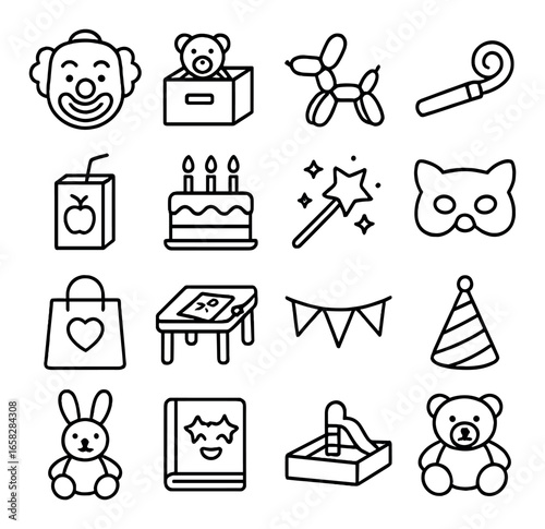Linear party icon set featuring clown, balloons, cake, mask, gifts, party hat, and teddy bear symbols