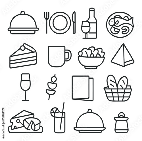 Linear food icon set featuring dining, wine, dinner, dessert, drink, and menu symbols