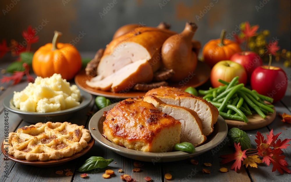 Selection of traditional thanksgiving food - turkey, mashed patatoes, green beans, apple pie on rustic background. High quality Selection of traditional thanksgiving food - turkey, mashed patatoes, green beans, apple pie on rustic background. High quality