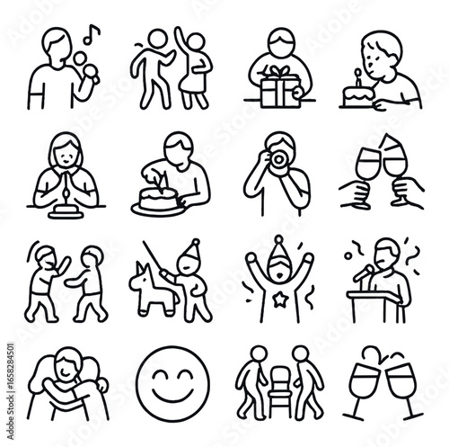 Linear party icon set featuring dance, gift, cake, music, toast, camera, and microphone