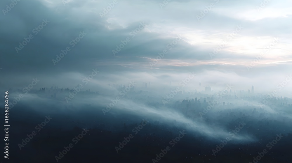 Obraz premium City skyline obscured by thick smog under dramatic atmospheric lighting