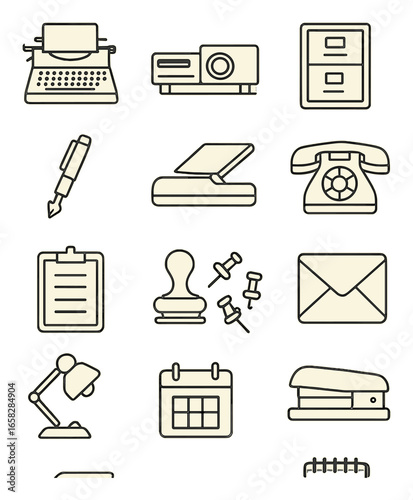 Linear office icon set featuring typewriter, projector, file cabinet, pen, scanner, and telephone symbols