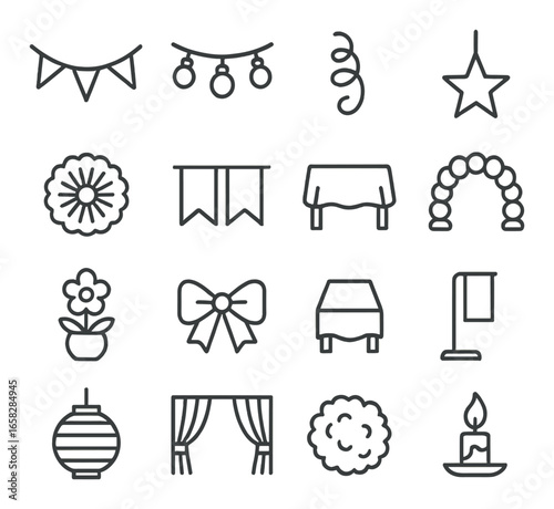 Linear party decoration icons set with garland, lights, flower, bow, table, star, candle, and curtain symbols