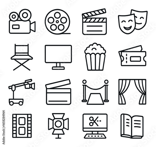 Linear cinema icon set featuring camera, film reel, clapperboard, theater masks, and director chair symbols