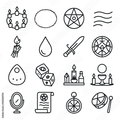 Linear icon set of candle, pentagram, wind, sword, moon, crystal ball, potion, ritual themes
