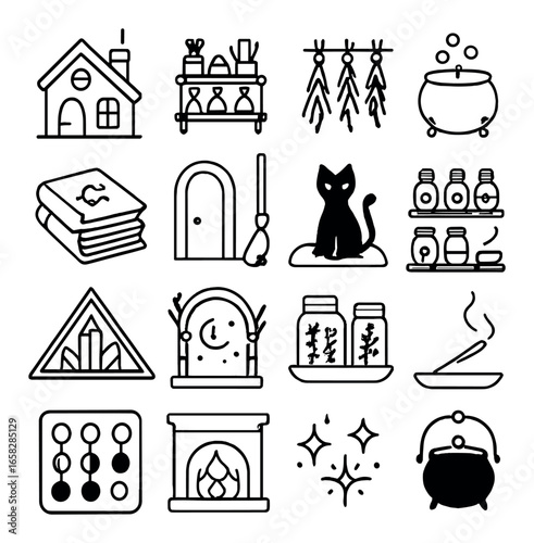Linear witchcraft icons set featuring house, herbs, cauldron, spell book, broom, cat, potions, and fireplace