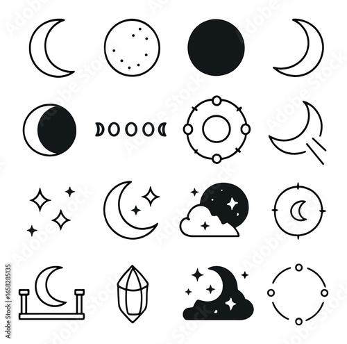 Silhouette celestial icon set featuring moon, stars, phases, clouds, crystals, and night sky symbols