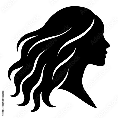Silhouette of a woman with long wavy hair facing right in black and white art