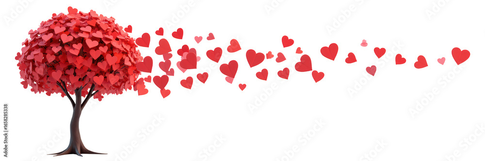 Obraz premium Vibrant tree with red heart shaped leaves, symbolizing love and affection, releases smaller hearts into air, creating romantic atmosphere