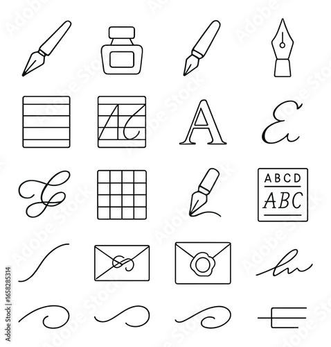 Linear writing icon set featuring pen, ink, nib, paper, alphabet, letter, calligraphy, mail, and signature symbols