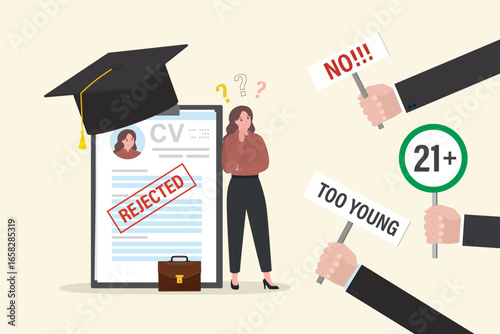 Unhappy woman with cv and graduation hat. Job restrictions, employer hands with placards - too young. job seeker rejection. Young adult or student with resume