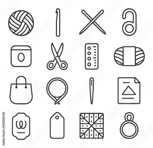 Linear knitting icon set featuring yarn, needles, scissors, pattern, and more crafting tools