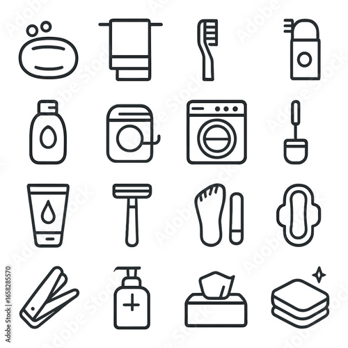 Linear hygiene icon set featuring soap, towel, toothbrush, deodorant, shampoo, washing machine, and razor symbols