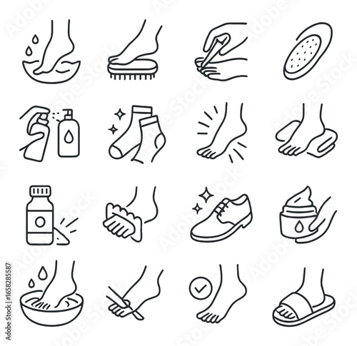 Linear foot care icon set featuring washing, scrubbing, moisturizing, filing, and massaging symbols
