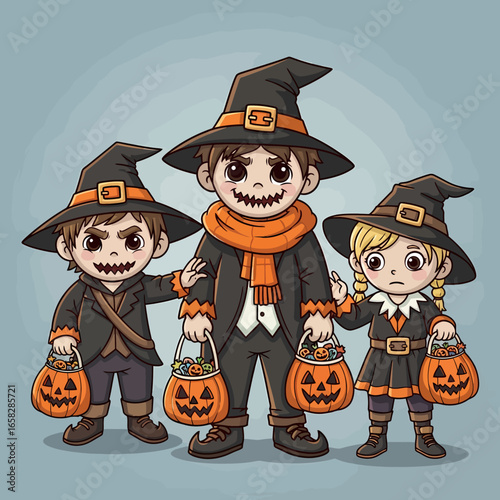 Three cartoon children in witch and scarecrow costumes hold jack-o'-lantern buckets full of candy for Halloween.