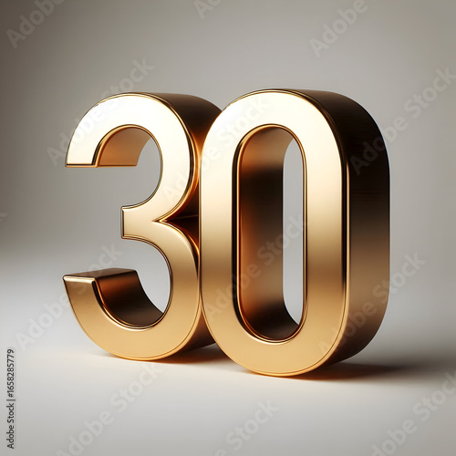 Realistic 3D number 30 in metallic gold, reflective surface, elegant minimal style, clean background