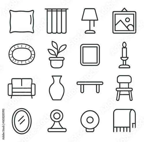 Linear home decor icon set featuring pillow, curtain, lamp, picture, vase, plant, sofa, and mirror