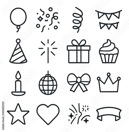Linear party icons set featuring balloon, confetti, streamer, banner, hat, gift, cupcake, candle, and disco ball