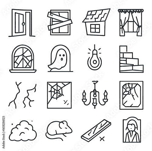 Linear halloween icon set featuring haunted house, ghost, spider web, bat, candle, potion, skull, and witch symbols