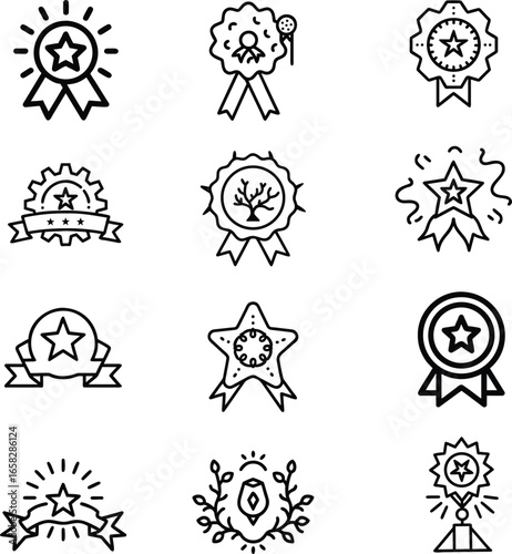 Collection of hand drawn award ribbons and stars for design and celebration